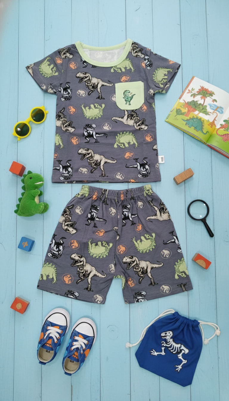 Dino Explorer Kids Co-Ord Set – Grey Adventure Edition