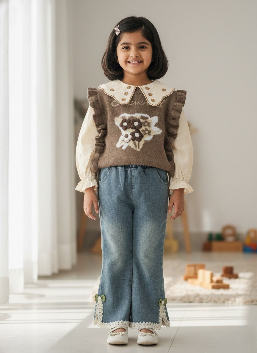 Vintage Blossom Ruffle Top & Flared Denim Set for Girls