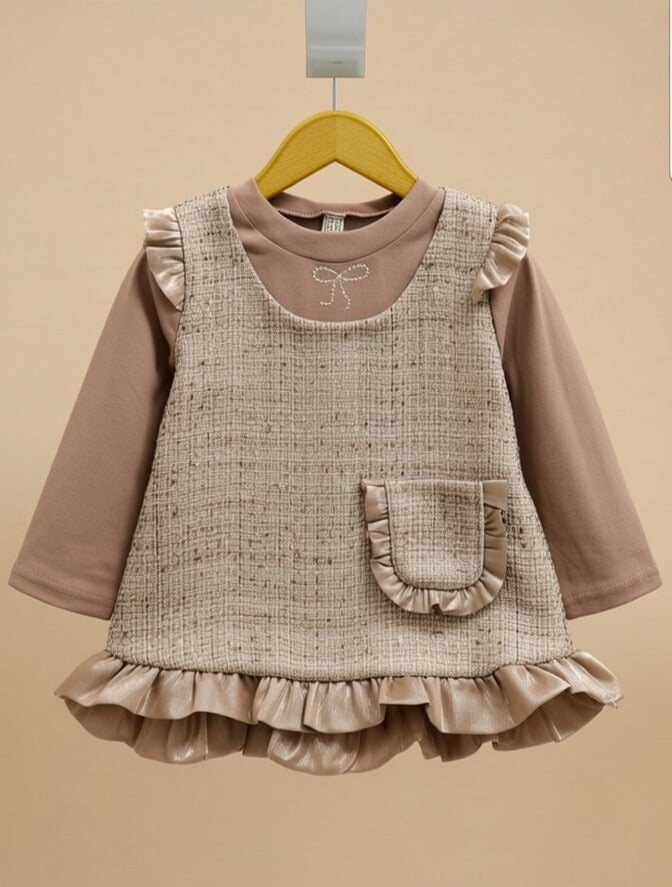 Beige Bow Ruffle Layered Baby Girl Dress Set