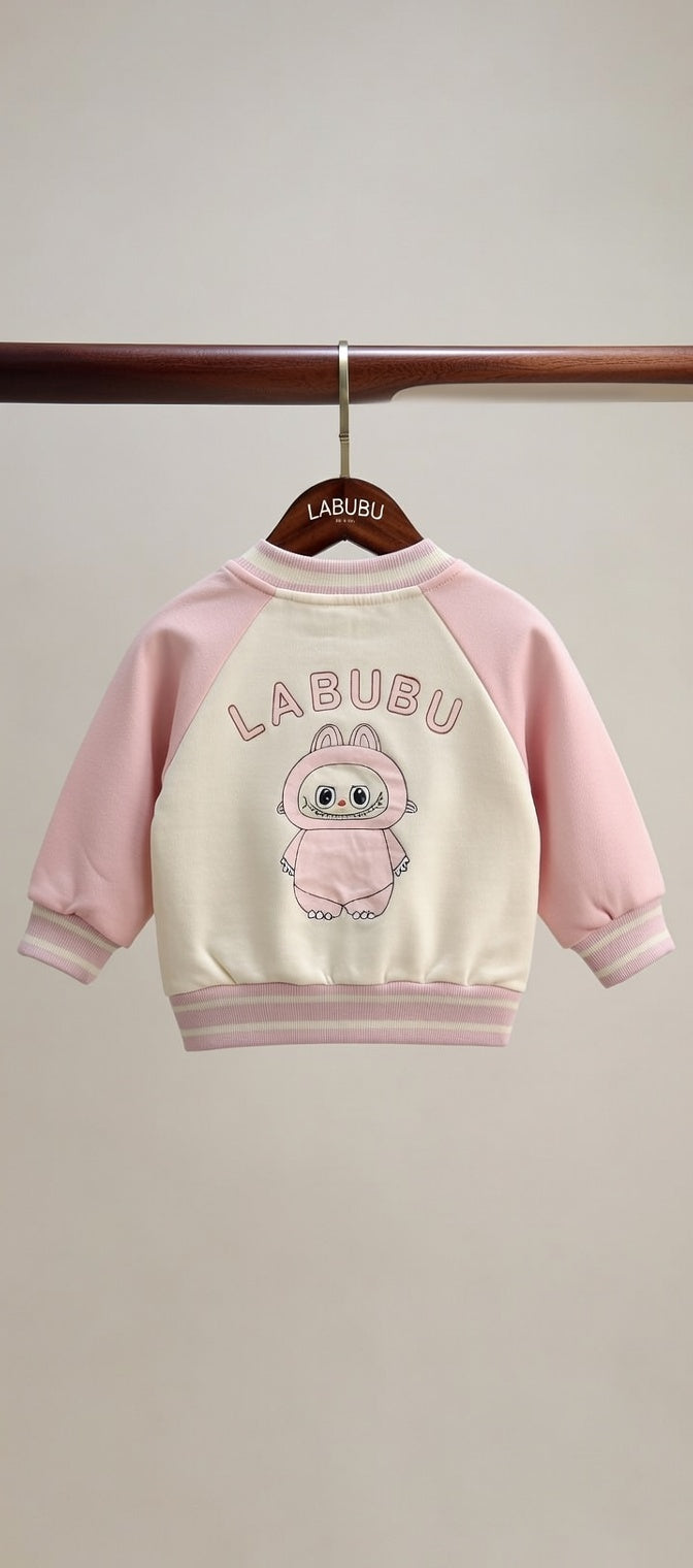 Labubu Bunny 3-Piece Kids Tracksuit Set – Pink & Cream Cartoon Winter Outfit