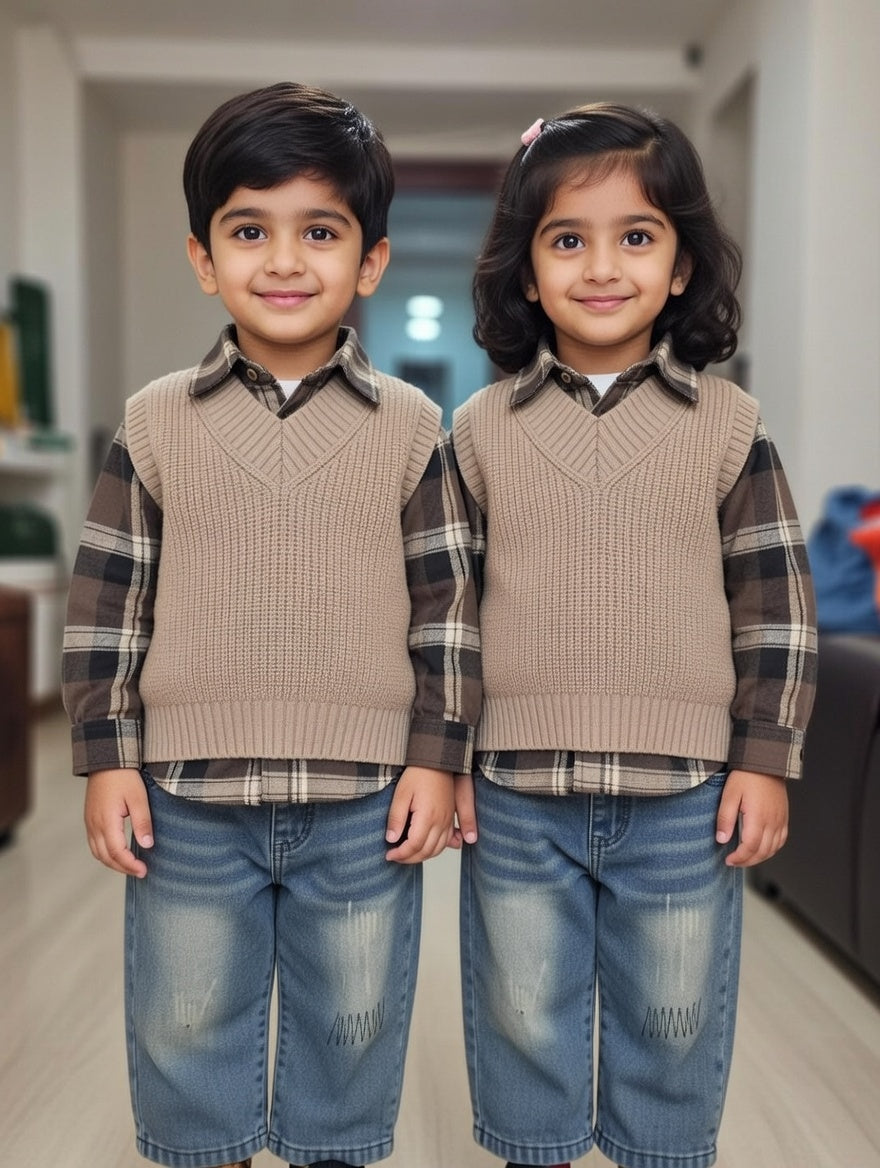 Classic Autumn 3-Piece Kids Outfit Set β Check Shirt & Knit Vest Edition