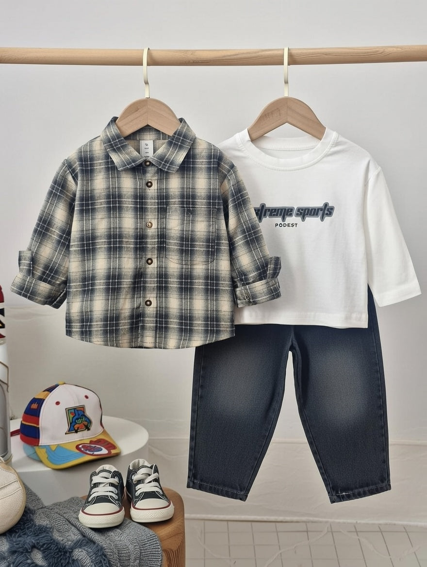 Trendy Plaid Shirt 3-Piece Boys Outfit Set – Shirt, T-Shirt & Denim Jeans