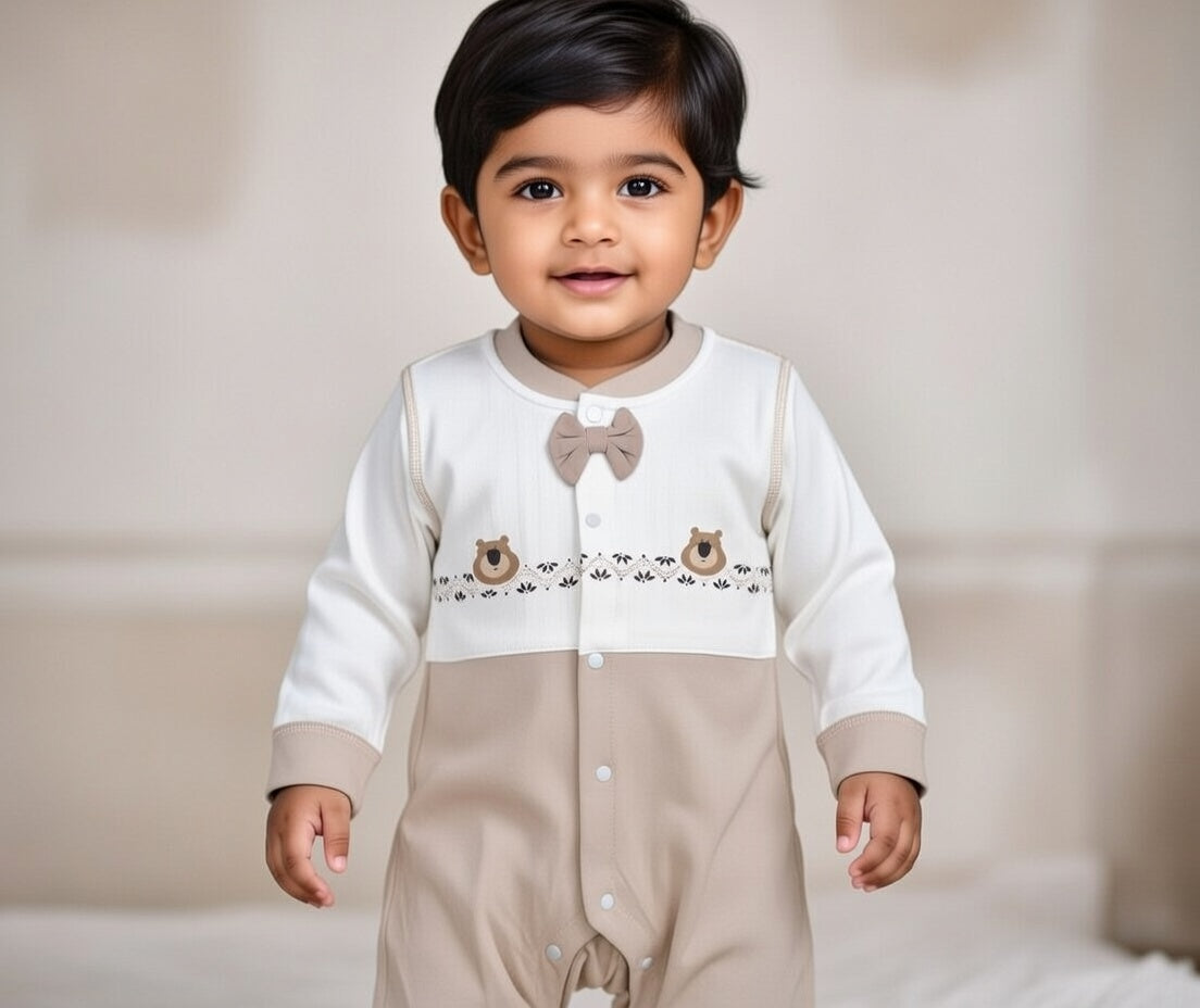 Cozy Bear Bow Full-Sleeve Baby Romper – Beige & Cream