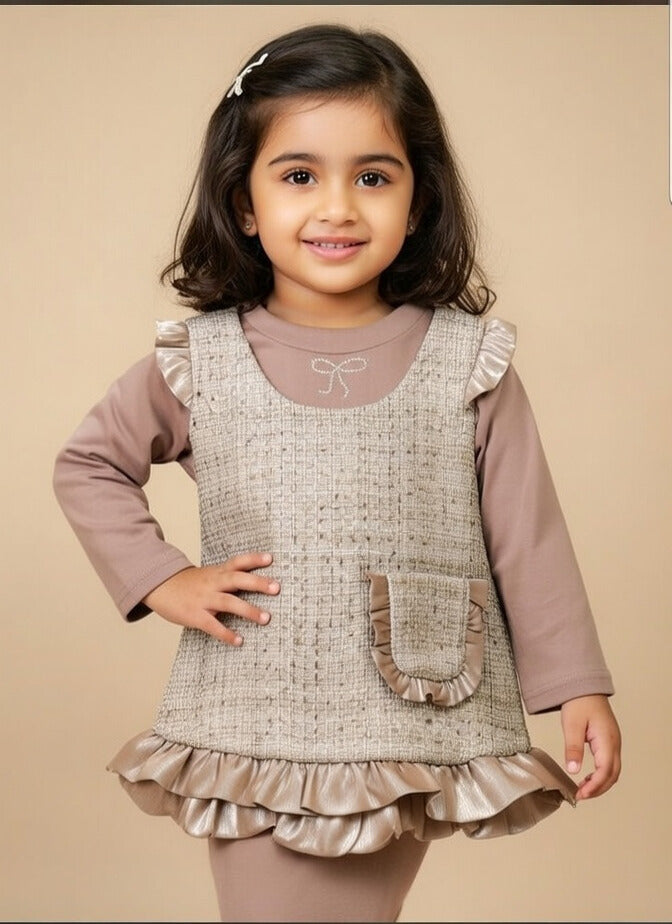 Beige Bow Ruffle Layered Baby Girl Dress Set