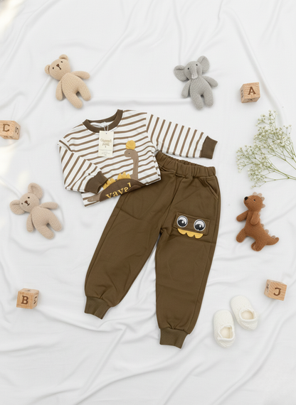 Cute Dino Striped Co-Ord Set for Babies (2-Piece Cotton Outfit)