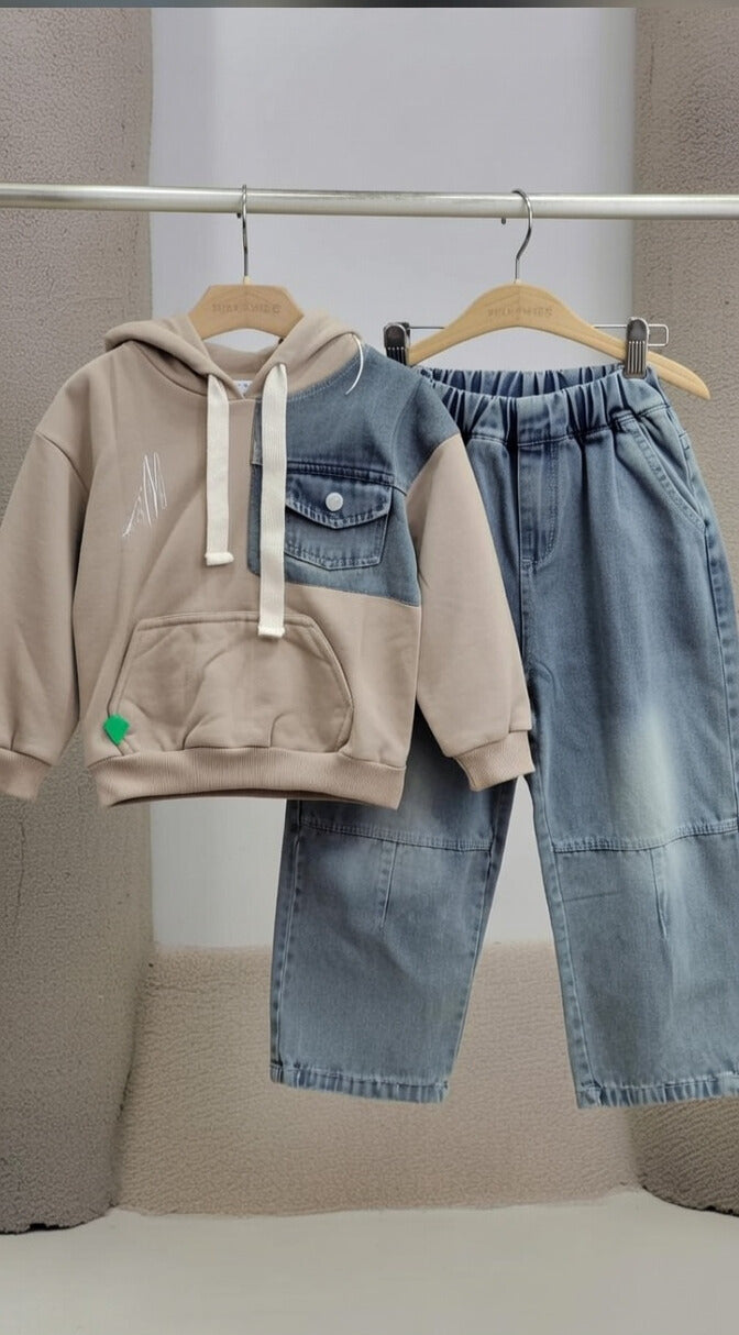 Urban Chill Denim Patch Hoodie & Jeans Set for Boys