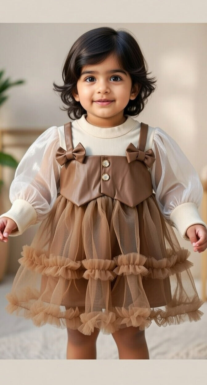 Vintage Mocha Bow Tulle Baby Girl Party Dress – Elegant Princess Outfit