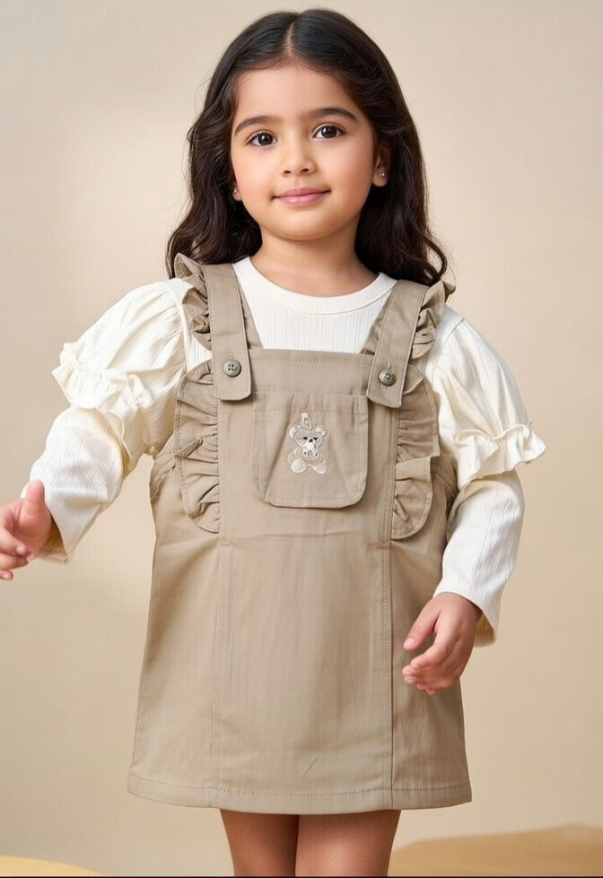 Beige Bunny Pinafore Dress Set for Girls – 2 Piece Outfit