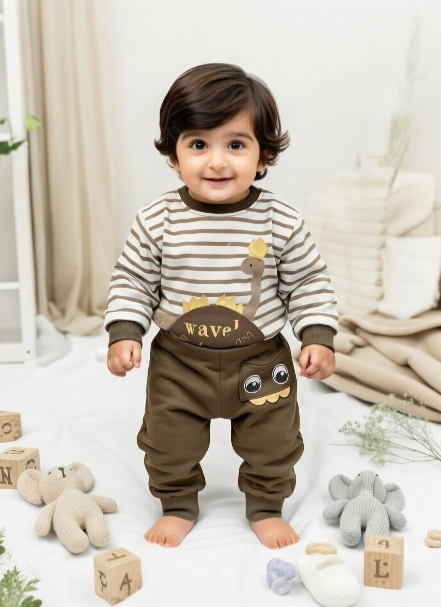 Cute Dino Striped Co-Ord Set for Babies (2-Piece Cotton Outfit)