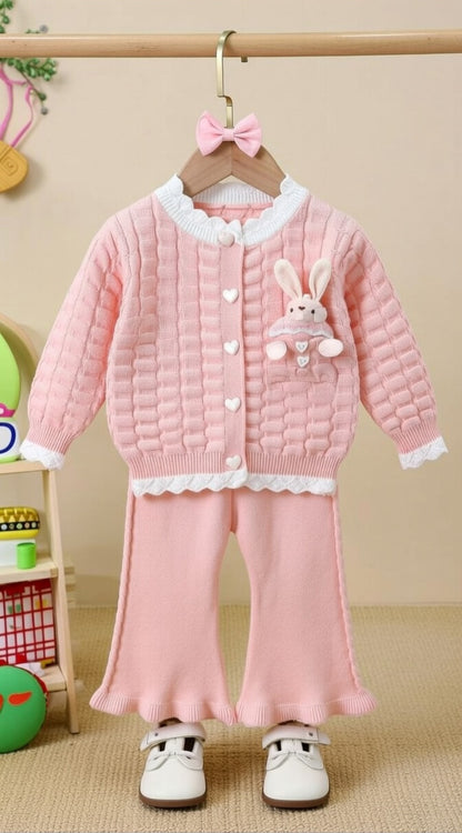 Sweet Bunny Knit 2-Piece Girls Winter Set – Pink Cardigan & Flare Pants Outfit