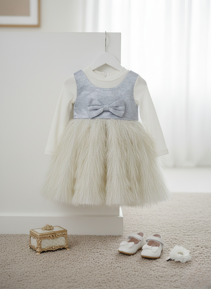 Little Princess Winter Bow Dress – Fluffy Party Wear Frock for Baby Girls