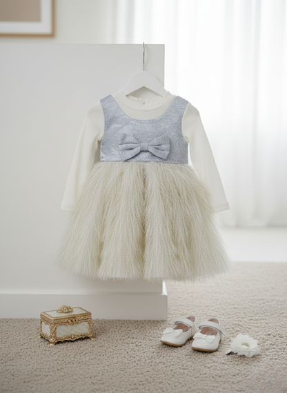 Little Princess Winter Bow Dress – Fluffy Party Wear Frock for Baby Girls