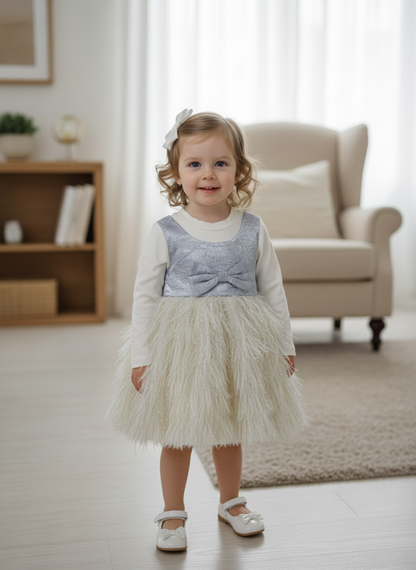 Little Princess Winter Bow Dress – Fluffy Party Wear Frock for Baby Girls