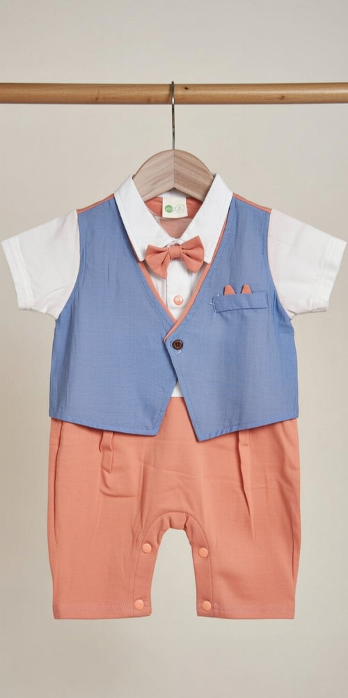 Little Gentleman 3-Piece Romper Set – Peach & Blue Bow Edition
