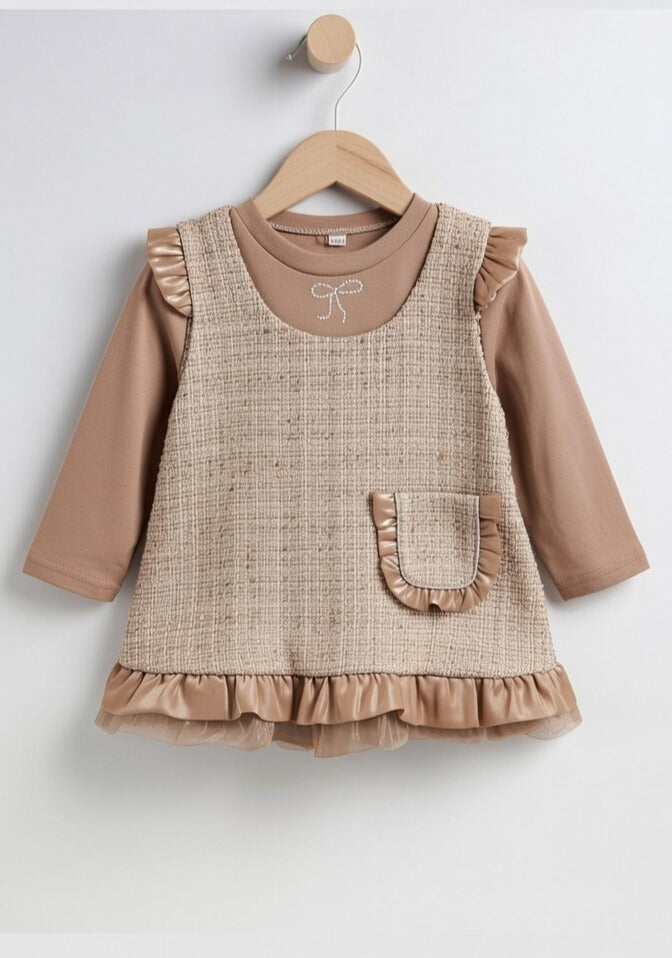 Beige Bow Ruffle Layered Baby Girl Dress Set