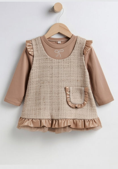 Beige Bow Ruffle Layered Baby Girl Dress Set