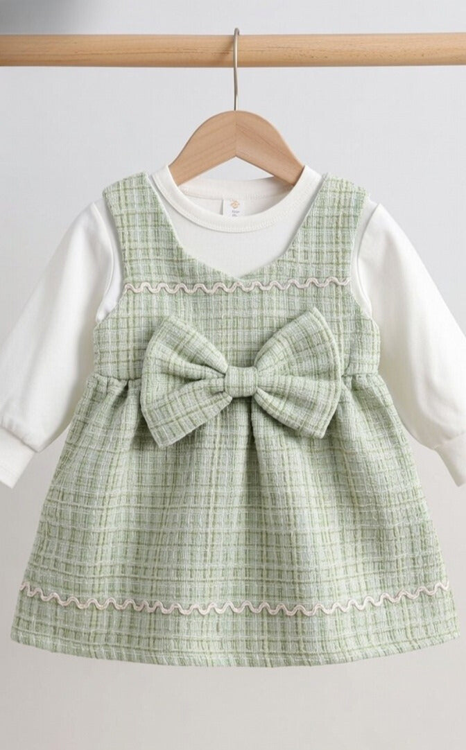 Sage Bow Elegance Baby Dress Set – 2 Piece Outfit