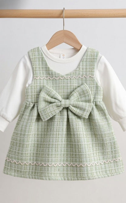 Sage Bow Elegance Baby Dress Set – 2 Piece Outfit