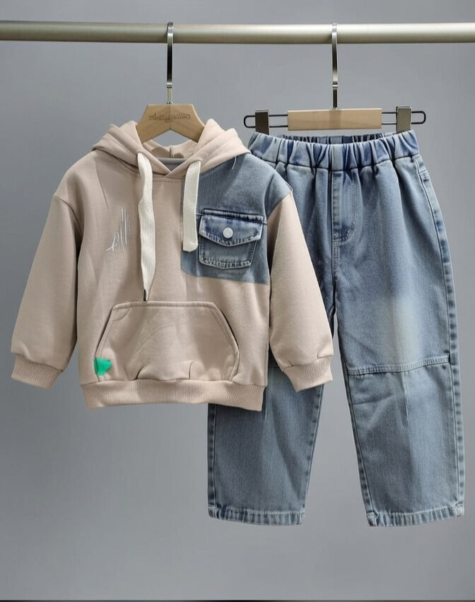 Urban Chill Denim Patch Hoodie & Jeans Set for Boys