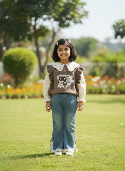 Vintage Blossom Ruffle Top & Flared Denim Set for Girls