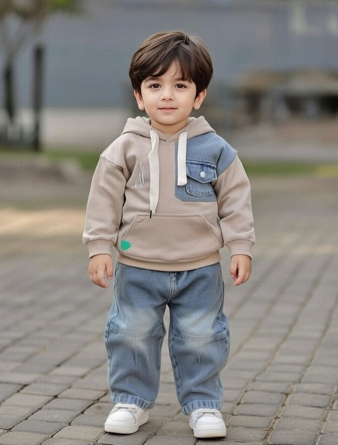 Urban Chill Denim Patch Hoodie & Jeans Set for Boys