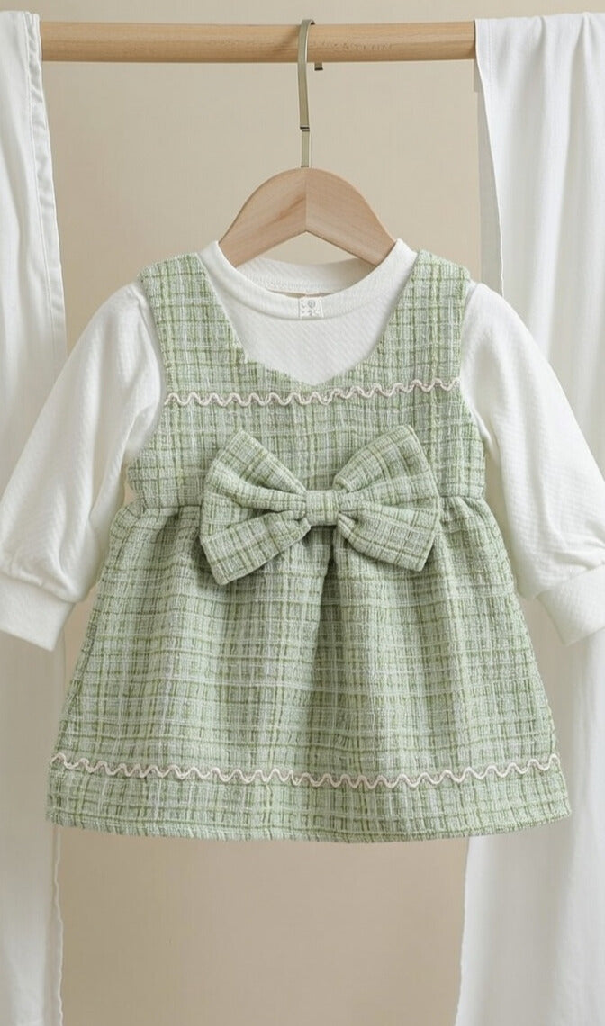 Sage Bow Elegance Baby Dress Set – 2 Piece Outfit
