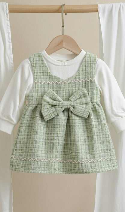 Sage Bow Elegance Baby Dress Set – 2 Piece Outfit