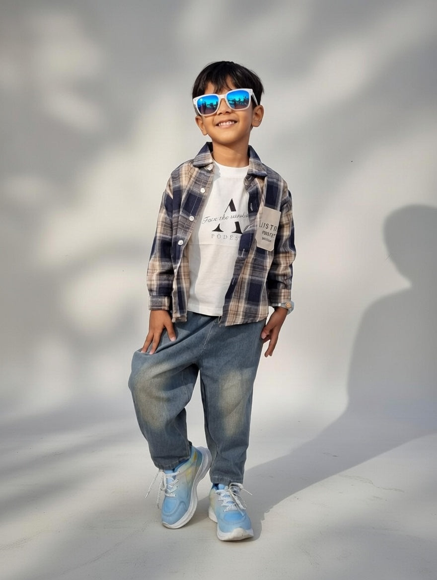 Cool Vibes 3-Piece Plaid Shirt & Denim Set