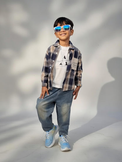 Cool Vibes 3-Piece Plaid Shirt & Denim Set