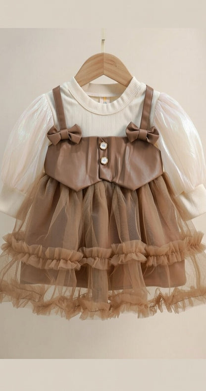Vintage Mocha Bow Tulle Baby Girl Party Dress – Elegant Princess Outfit
