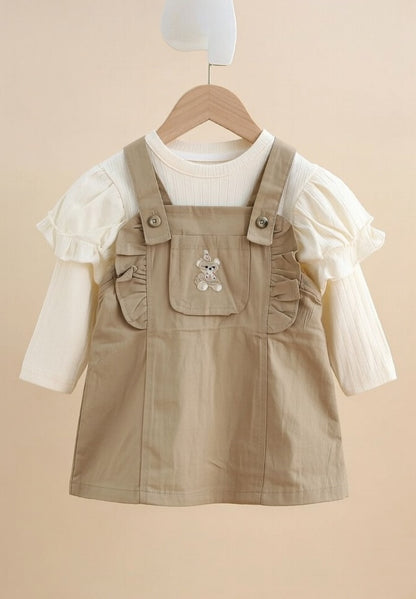 Beige Bunny Pinafore Dress Set for Girls – 2 Piece Outfit
