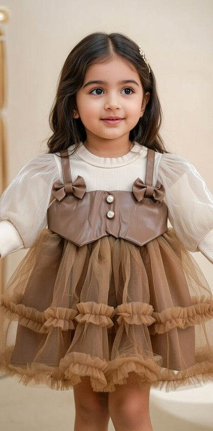 Vintage Mocha Bow Tulle Baby Girl Party Dress – Elegant Princess Outfit