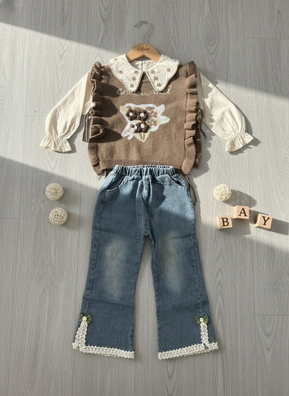 Vintage Blossom Ruffle Top & Flared Denim Set for Girls