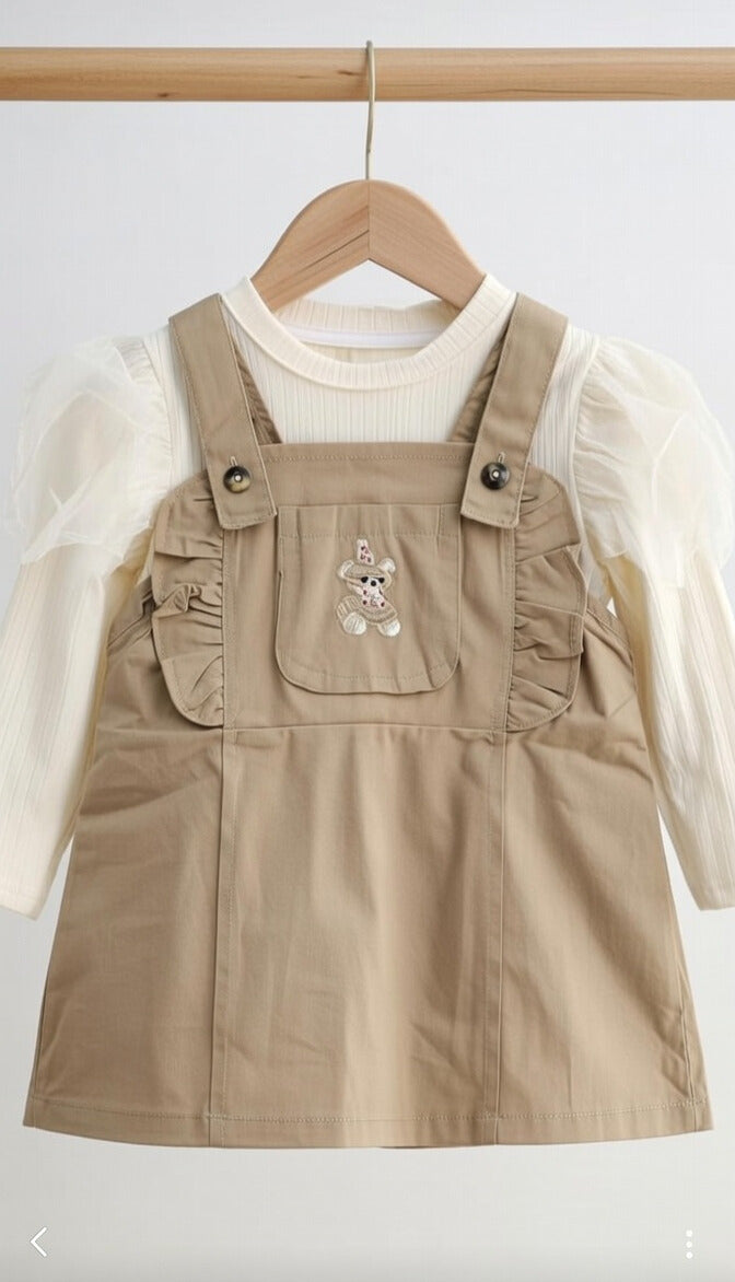 Beige Bunny Pinafore Dress Set for Girls – 2 Piece Outfit