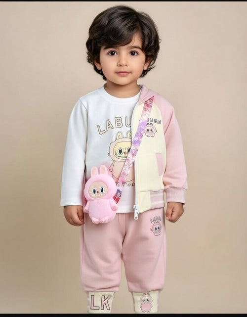 Labubu Bunny 3-Piece Kids Tracksuit Set – Pink & Cream Cartoon Winter Outfit