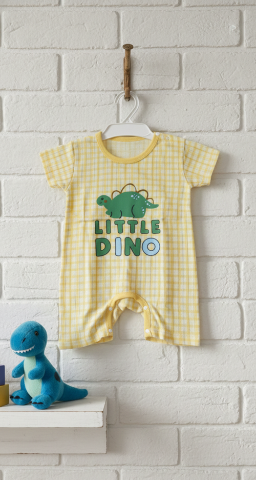 Little Dino Baby Romper – Yellow Checks Edition