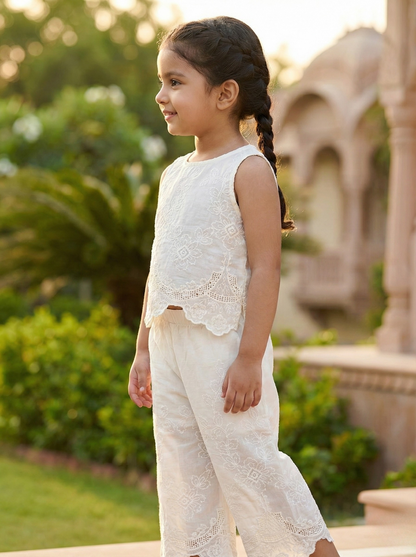 Elegant White Lace Co-Ord Set for Girls – Sleeveless Top & Wide-Leg Pants Outfit