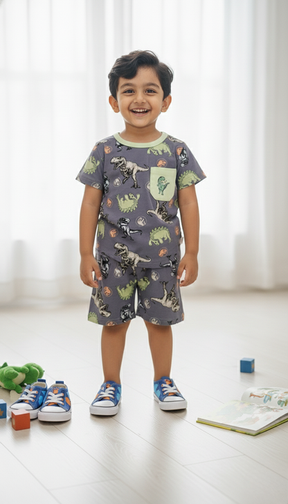 Dino Explorer Kids Co-Ord Set – Grey Adventure Edition