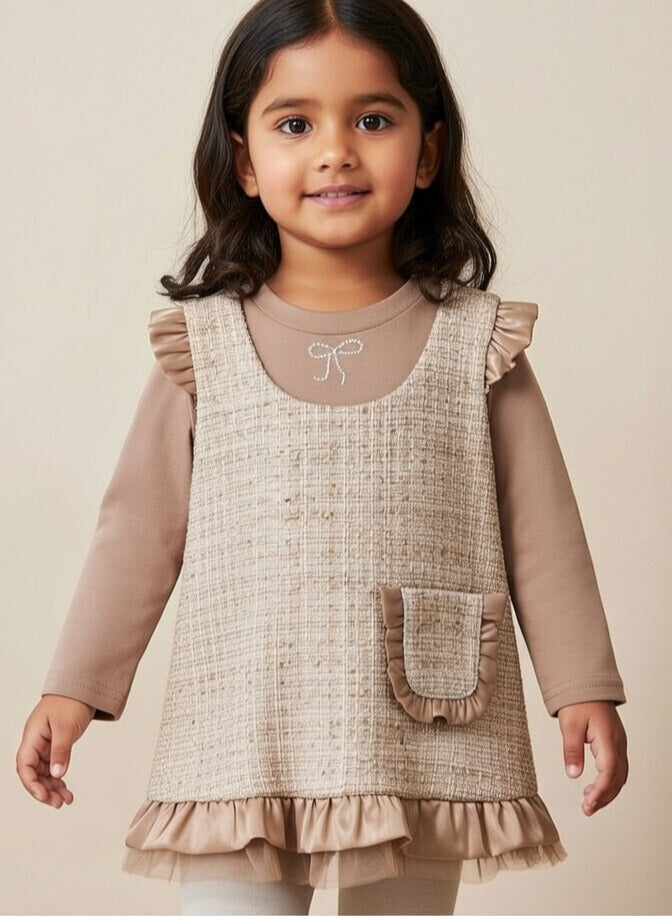 Beige Bow Ruffle Layered Baby Girl Dress Set
