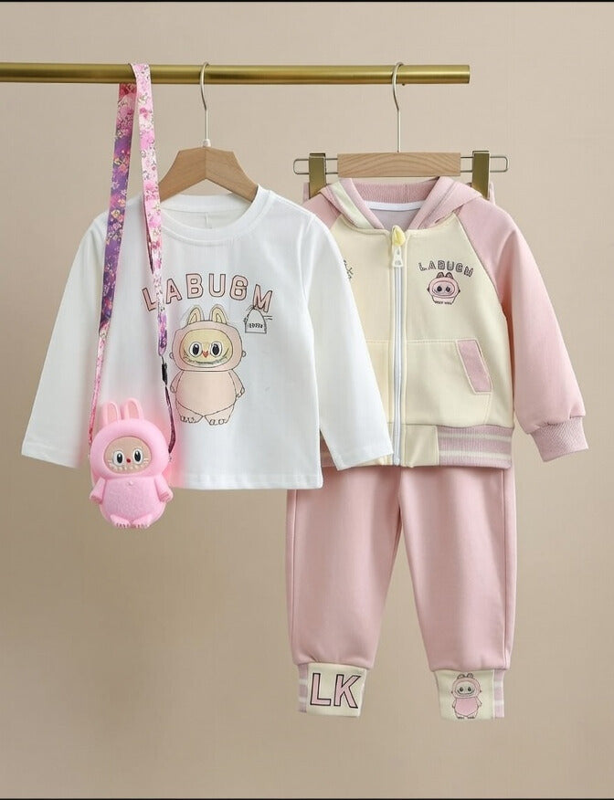 Labubu Bunny 3-Piece Kids Tracksuit Set – Pink & Cream Cartoon Winter Outfit