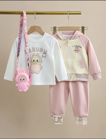 Labubu Bunny 3-Piece Kids Tracksuit Set – Pink & Cream Cartoon Winter Outfit