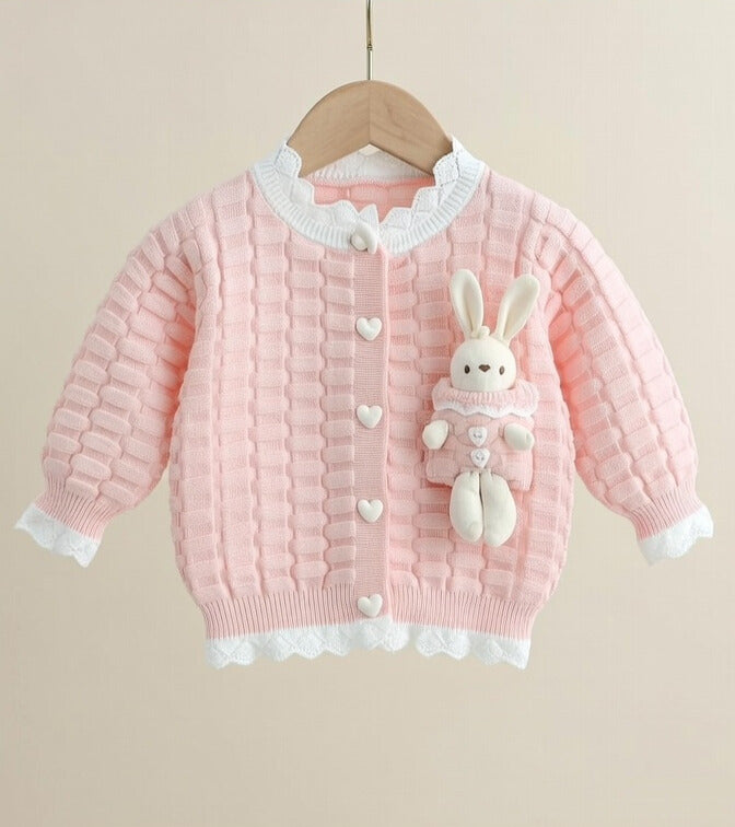 Sweet Bunny Knit 2-Piece Girls Winter Set – Pink Cardigan & Flare Pants Outfit