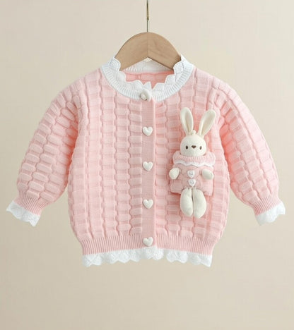 Sweet Bunny Knit 2-Piece Girls Winter Set – Pink Cardigan & Flare Pants Outfit