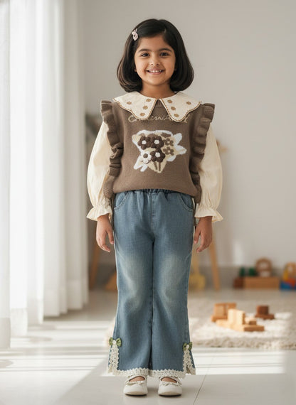 Vintage Blossom Ruffle Top & Flared Denim Set for Girls