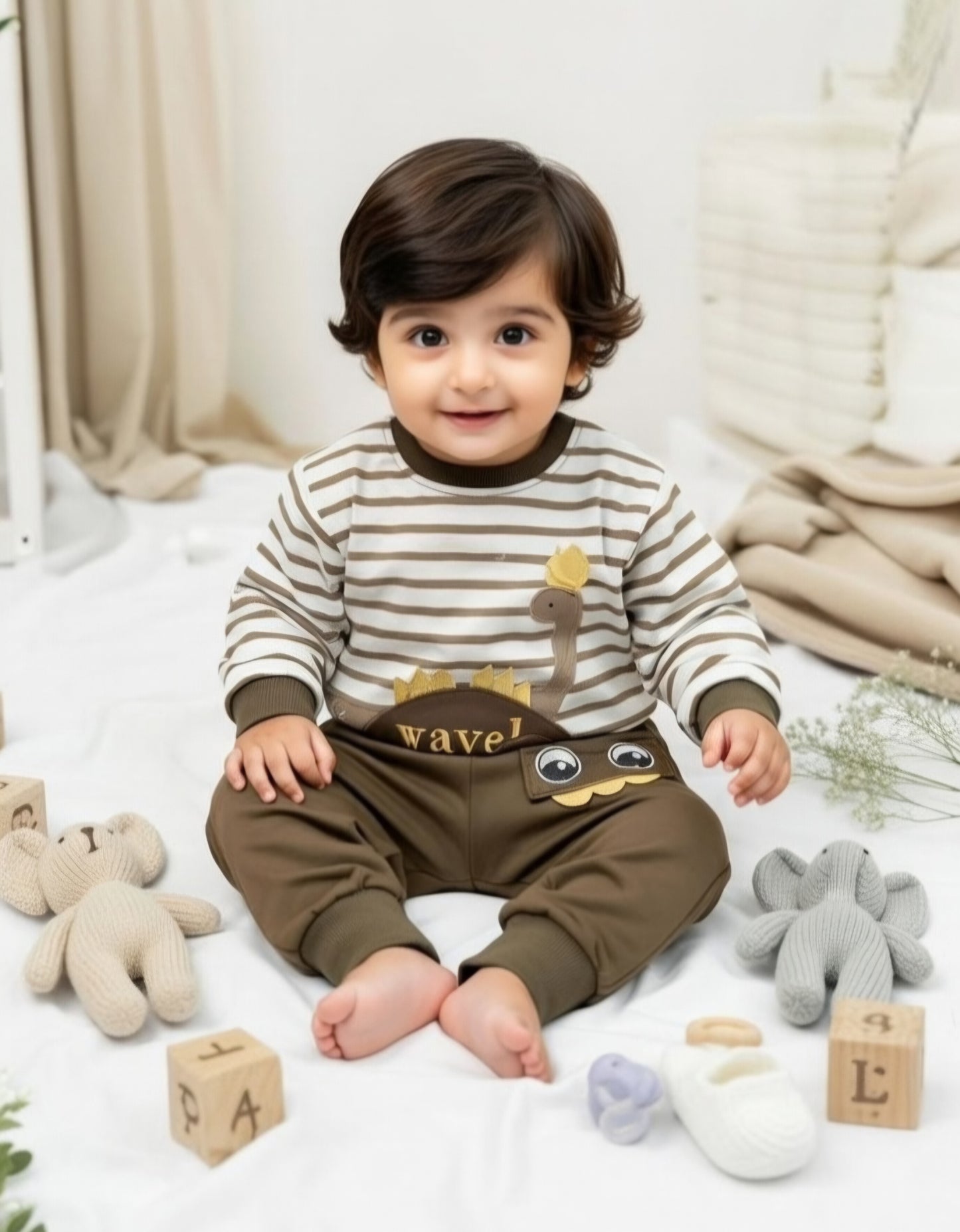 Cute Dino Striped Co-Ord Set for Babies (2-Piece Cotton Outfit)
