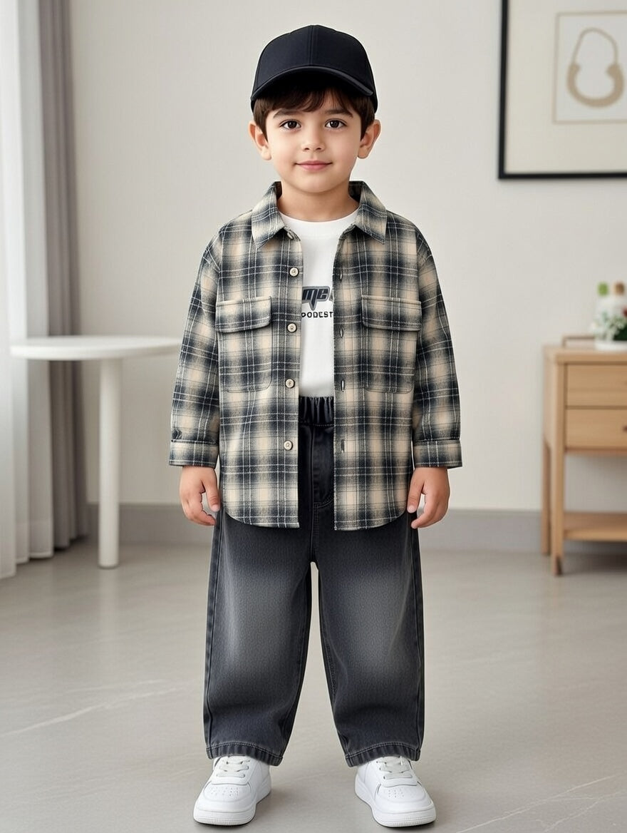 Trendy Plaid Shirt 3-Piece Boys Outfit Set – Shirt, T-Shirt & Denim Jeans