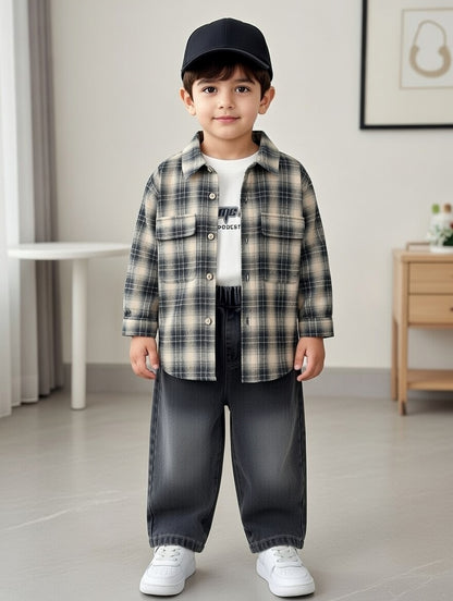 Trendy Plaid Shirt 3-Piece Boys Outfit Set – Shirt, T-Shirt & Denim Jeans