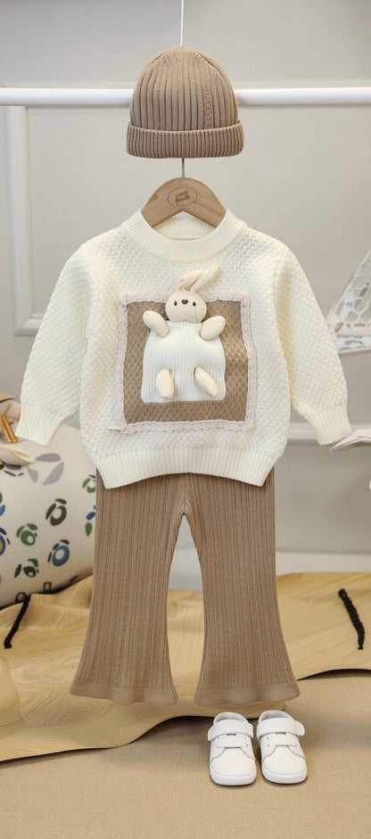 Cozy Bunny Knit 3-Piece Winter Set – Cream & Mocha