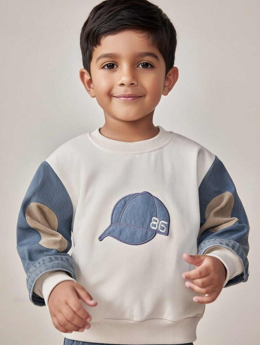Cool Cap Patch Kids Sweatshirt – Denim Sleeve Edition