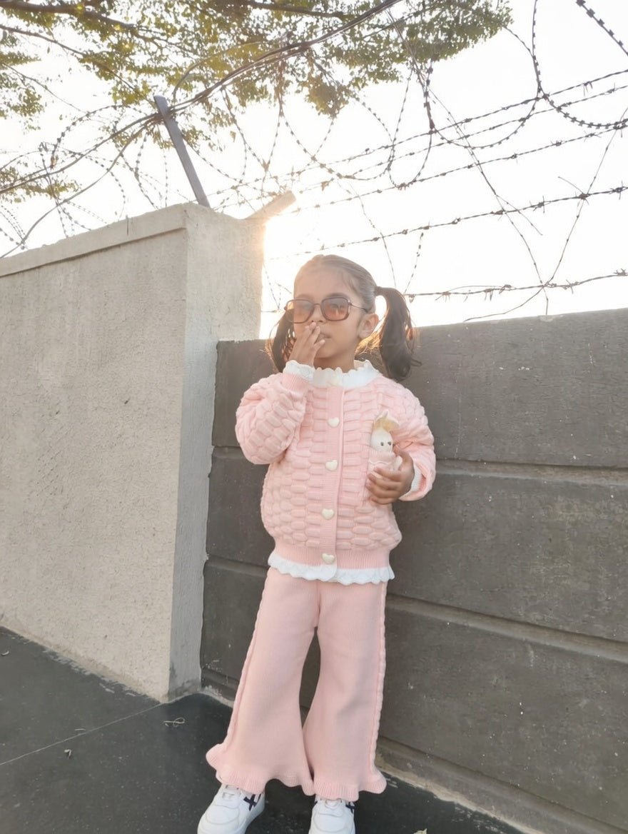Sweet Bunny Knit 2-Piece Girls Winter Set – Pink Cardigan & Flare Pants Outfit